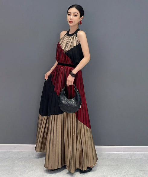 Tri-Color Pleated Halter Dress